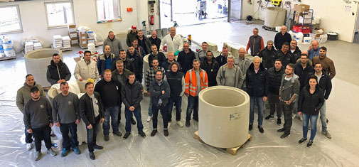 Group photo of the participants of the two-day training course for specialist applicators held on 18 and 19 February 2020 in the “Deminar” hall of MC-Bauchemie's training centre in Bottrop. “Deminar” is a term created by MC from (product) demonstration and seminar.