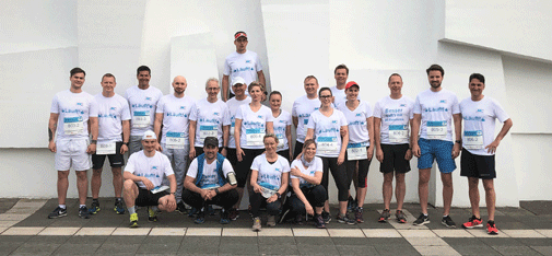 The traditional group photo before the start oft he marathon at the Music Theater in Gelsenkirchen near the start-finish area shows all participants of MC at this years VIVAWEST Marathon.